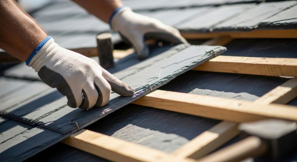 man's hands in safety gloves installing new natural slate roof tile on rooftop frame. home renovation process.