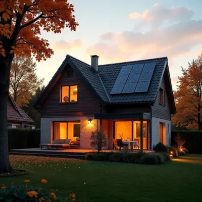 une maison baignee par une lumiere doree d'automne panneaux solaires Artyseo