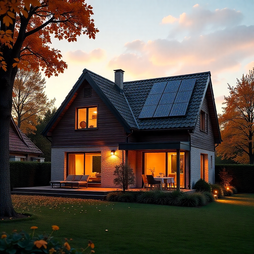 une maison baignee par une lumiere doree d'automne panneaux solaires Artyseo