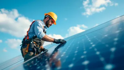poseur sur le toit panneaux photovoltaiques chantier