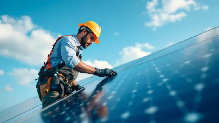 poseur sur le toit panneaux photovoltaiques chantier