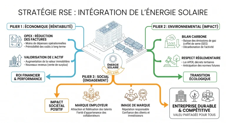 Aligner Solaire et Performance RSE : Pilier Économique : Maîtrise des coûts énergétiques (-30% à -70%), protection contre la volatilité des prix et valorisation des actifs fonciers. Pilier Environnemental : Réduction directe de l'empreinte carbone (Scope 2) et mise en conformité aux réglementations (Loi APER, Décret Tertiaire). Pilier Social : Engagement des collaborateurs, amélioration du cadre de travail (ombrières) et ancrage territorial fort. Ce triptyque génère un ROI à la fois financier et extra-financier, positionnant l'entreprise comme un acteur durable et compétitif.