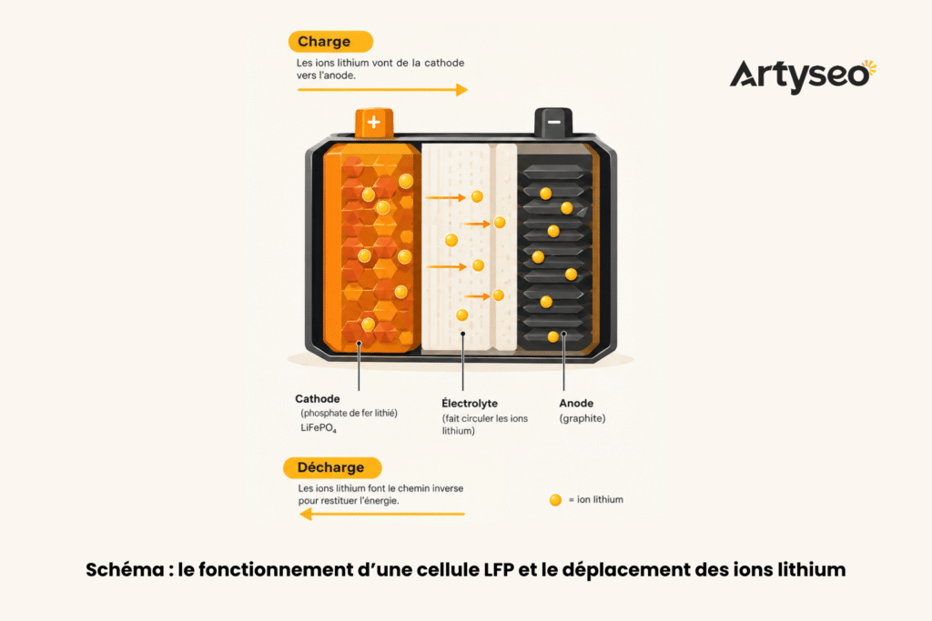 Schéma : le fonctionnement d’une cellule LFP et le déplacement des ions lithium artyseo