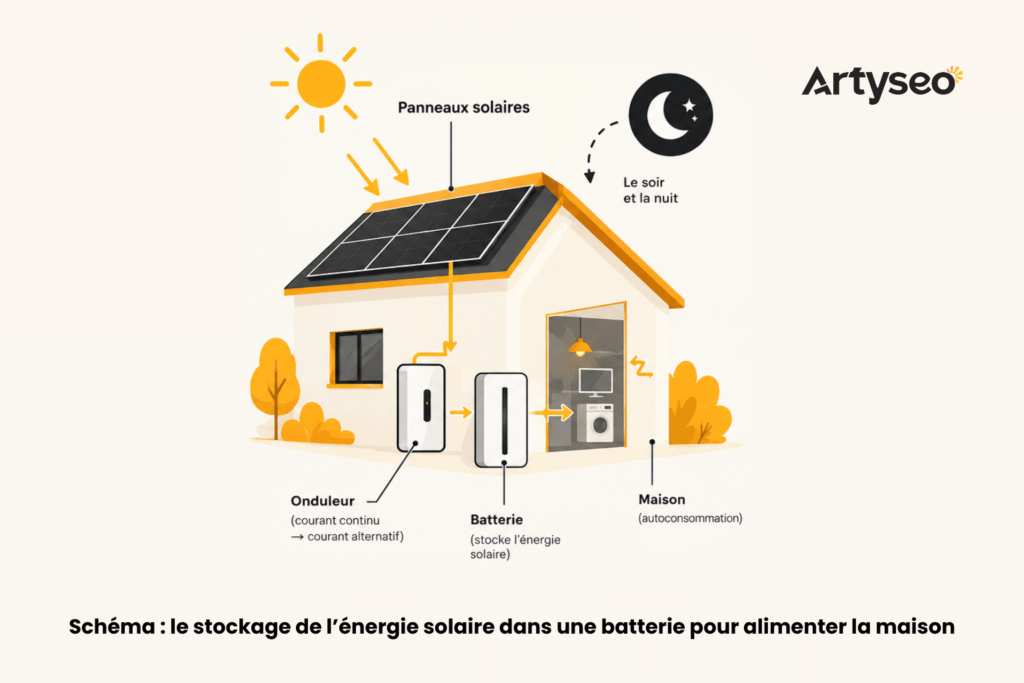 Schéma : le stockage de l’énergie solaire dans une batterie pour alimenter la maison artyseo