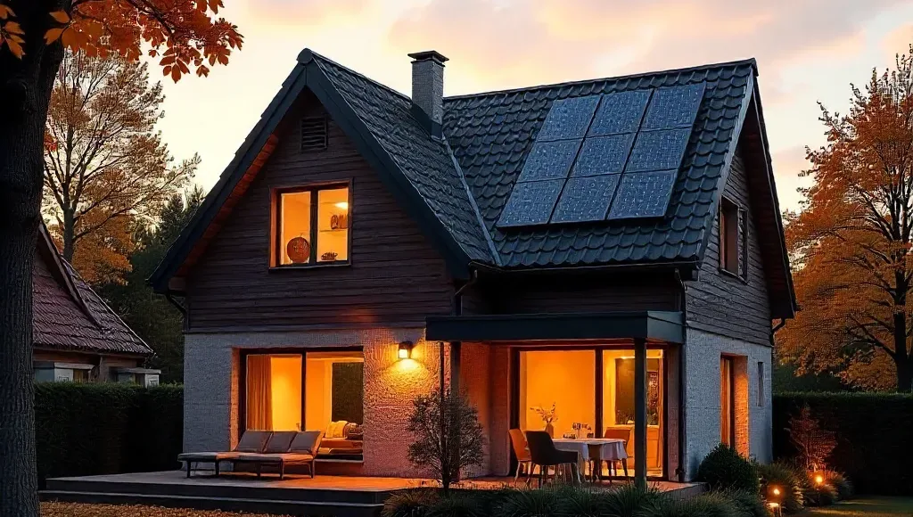 une maison baignee par une lumiere doree d'automne panneaux solaires Artyseo